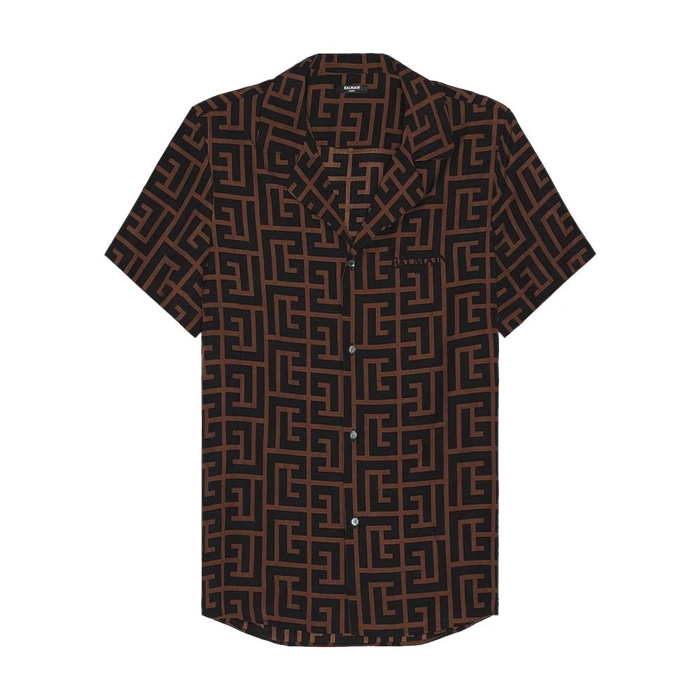 Balmain Monogram Print SS Overhemd Donkerbruin Zwart Brown Heren