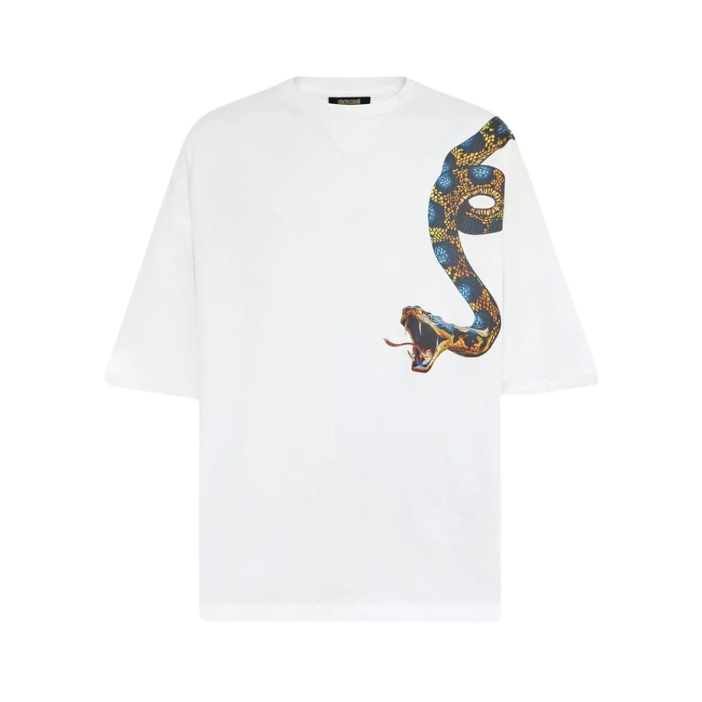Roberto Cavalli White T-Shirts, Male, 2XL, Snake-Print T-Shirt