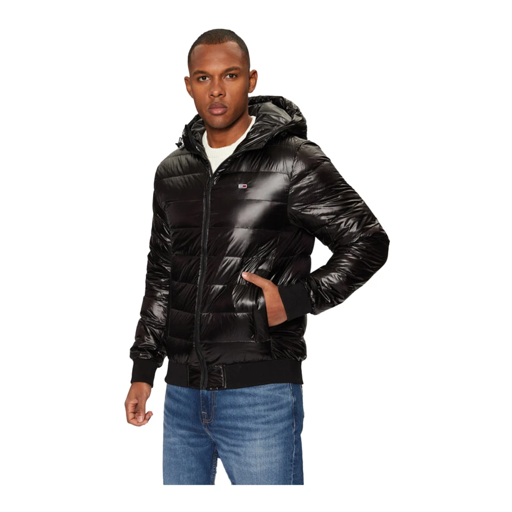 Tommy Jeans Zwarte gewatteerde jas met capuchon en logo Black Heren