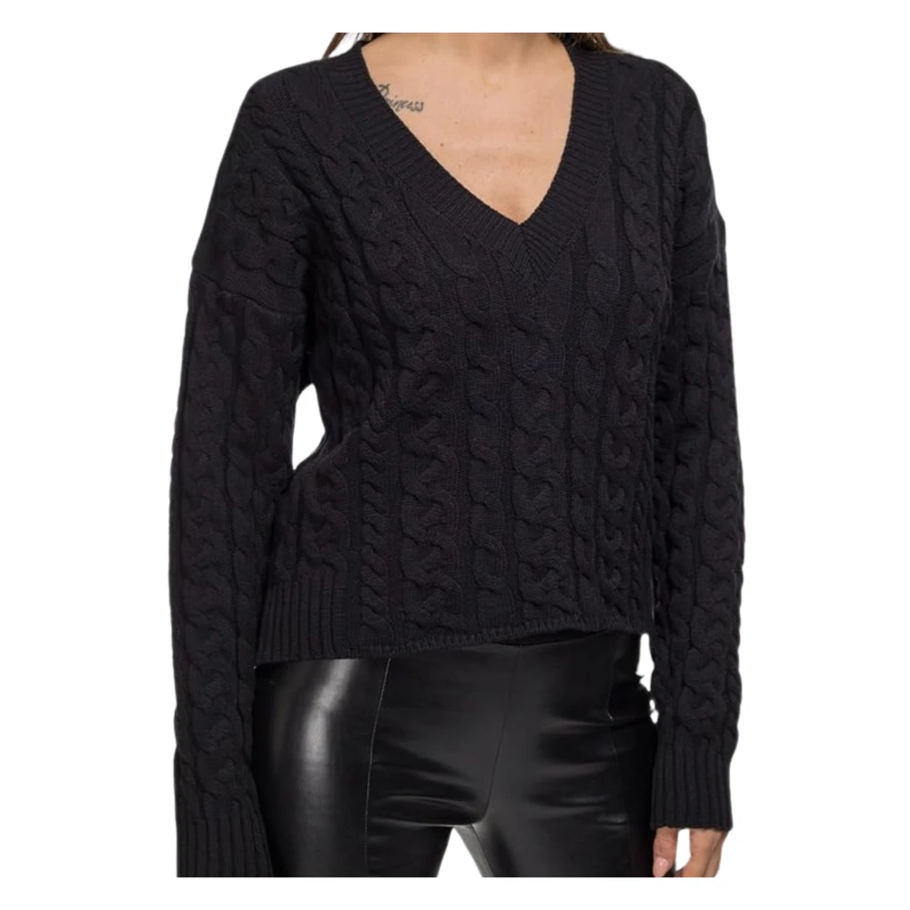 pinko Zwarte V-hals Trui Gevlochten Patroon Black Dames