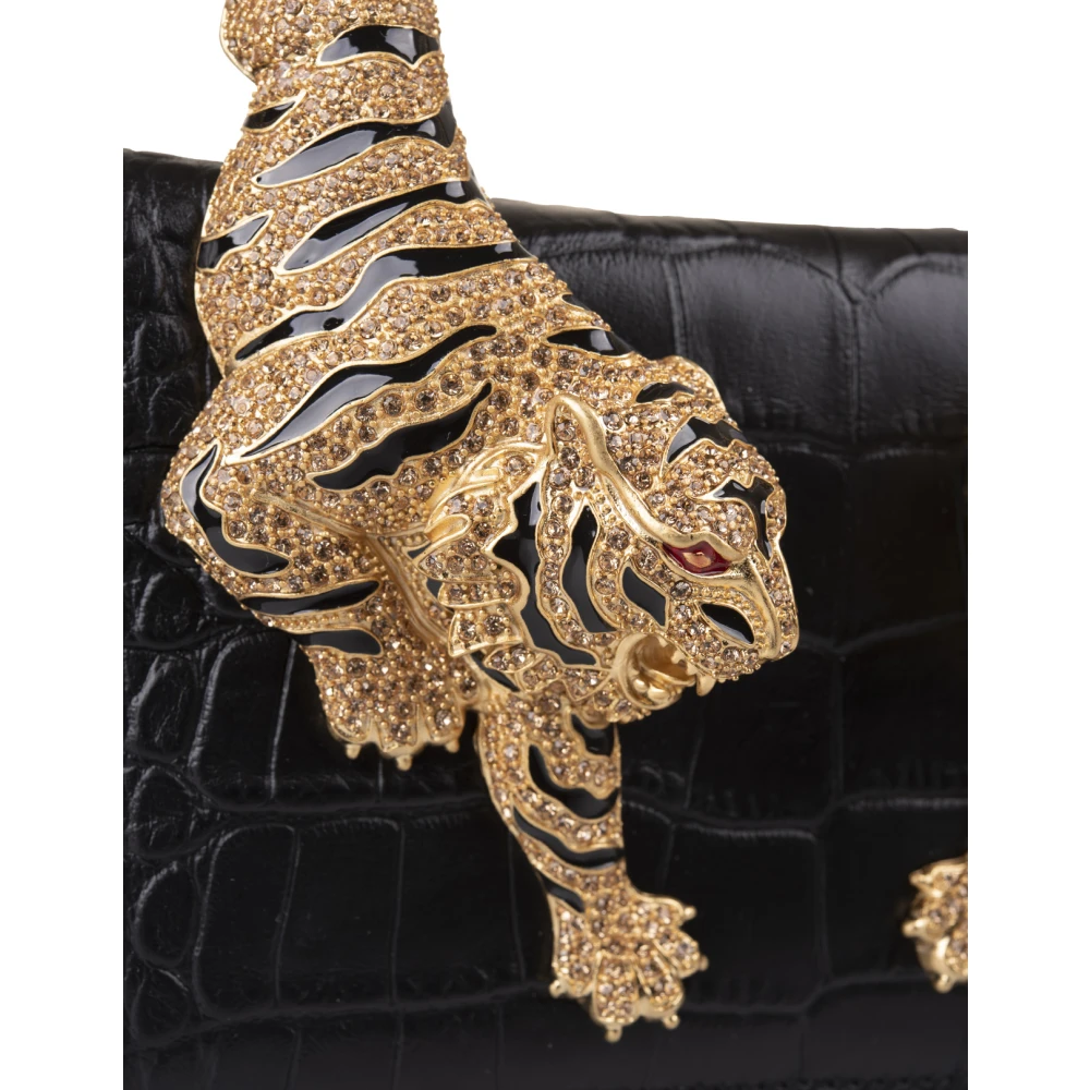 Roberto Cavalli Zwarte schoudertas van slangenleer met kristalversierde tijgerhandgreep Black Dames