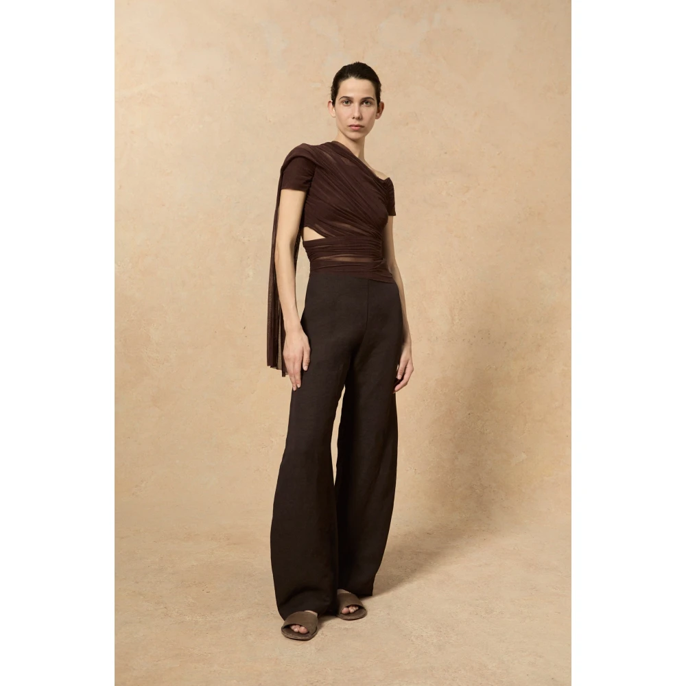 Cortana Hoge taille linnen en viscose broek Brown Dames