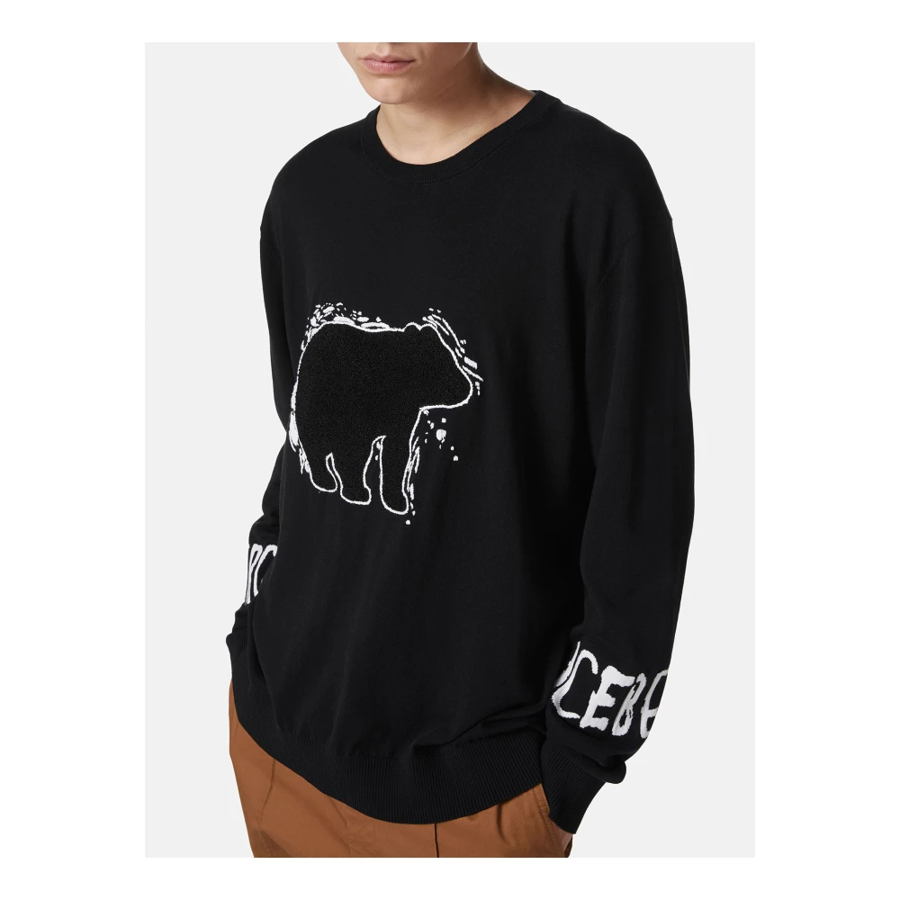 Iceberg Zwarte katoenen crewneck met logo en beerdetail Black Heren