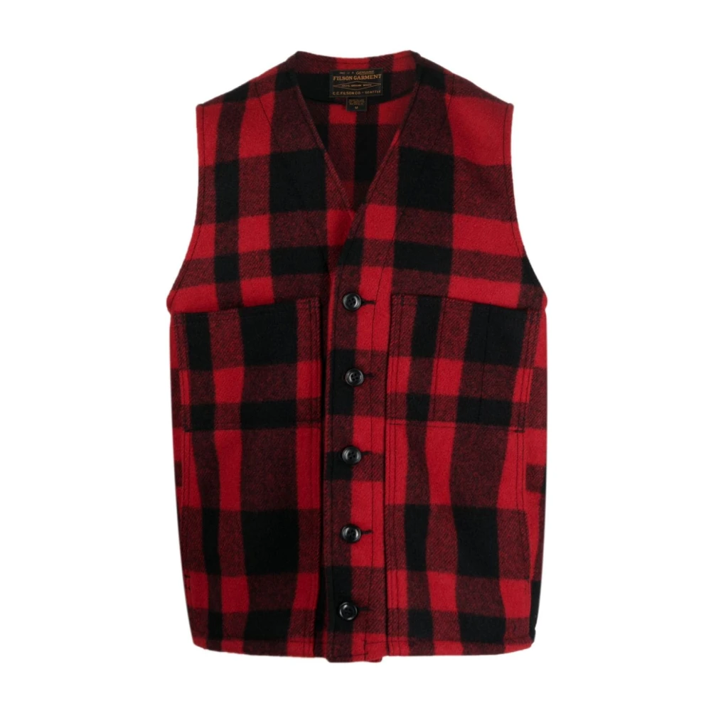 Filson Rode Wollen Geruite V-hals Trui Red Heren