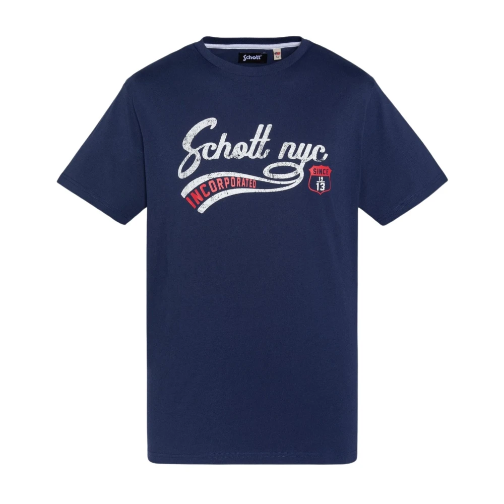 Schott NYC Handtekening Tyron Katoenen T-shirt Blauw Blue Heren