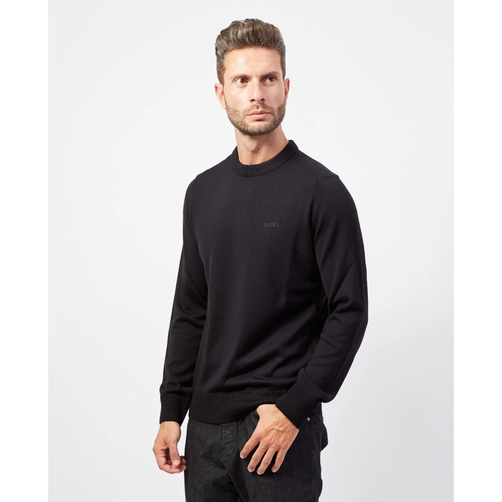 Boss Heren Katoenen Trui met Geribbelde Kraag Black Heren