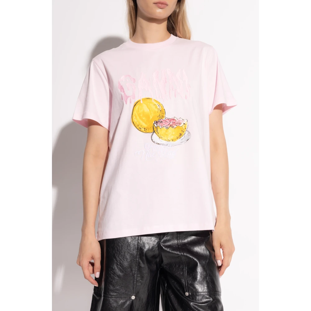 Ganni T-shirt met logo Pink Dames