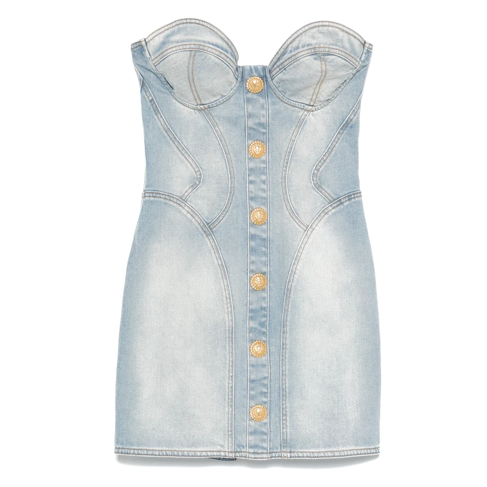 Balmain Heldere Blauwe Denim Sweetheart Jurk Blue Dames