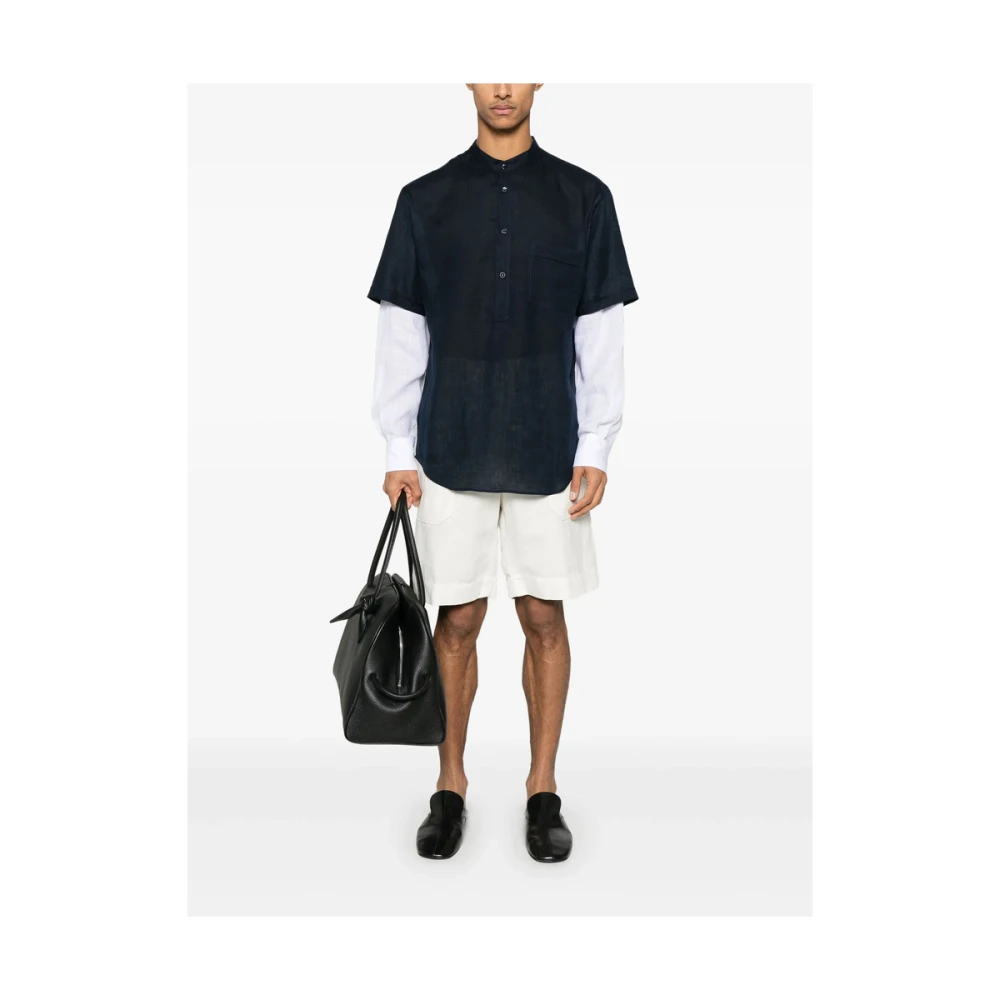 Giorgio Armani Navy Blue Layered Band Collar Shirt Blue Heren