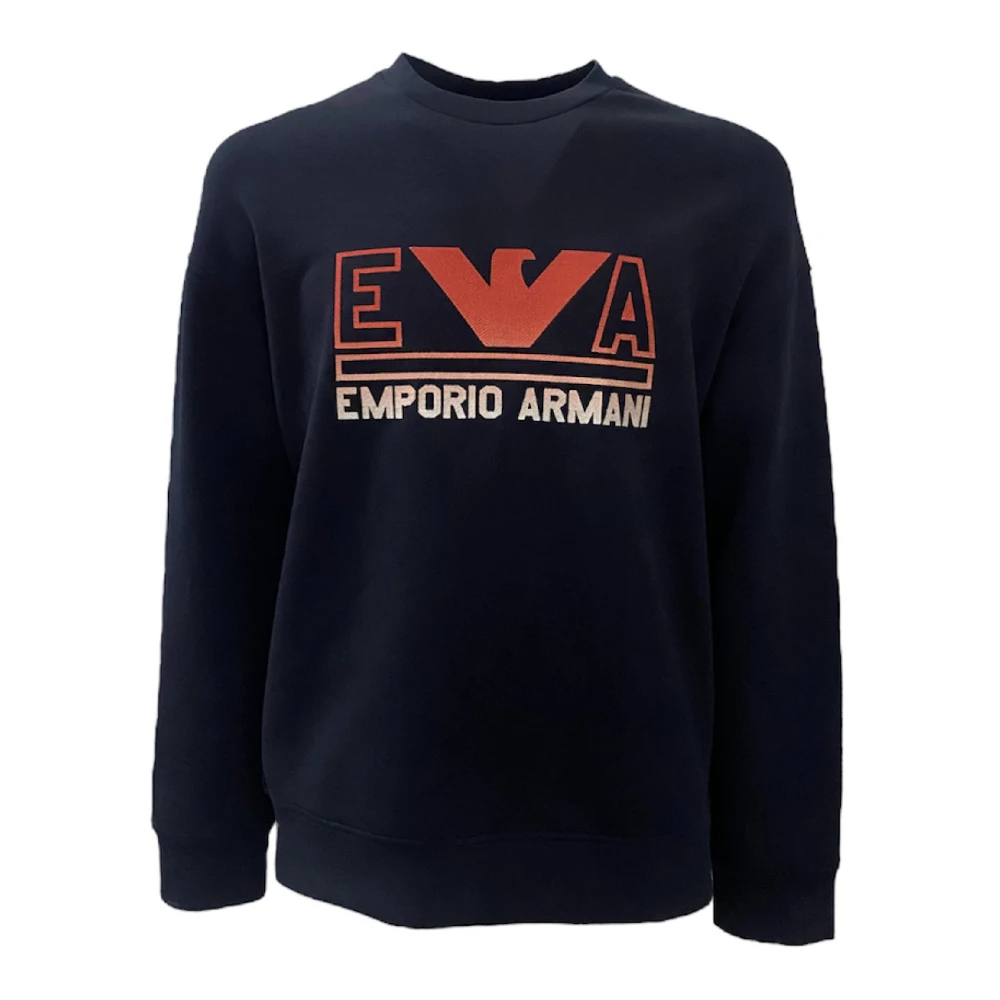 Emporio Armani Marinblå Dubbel Jersey Sweatshirt med Maxi Logo Bokstäver och Röd Orange Örnlogotyp Blue, Herr