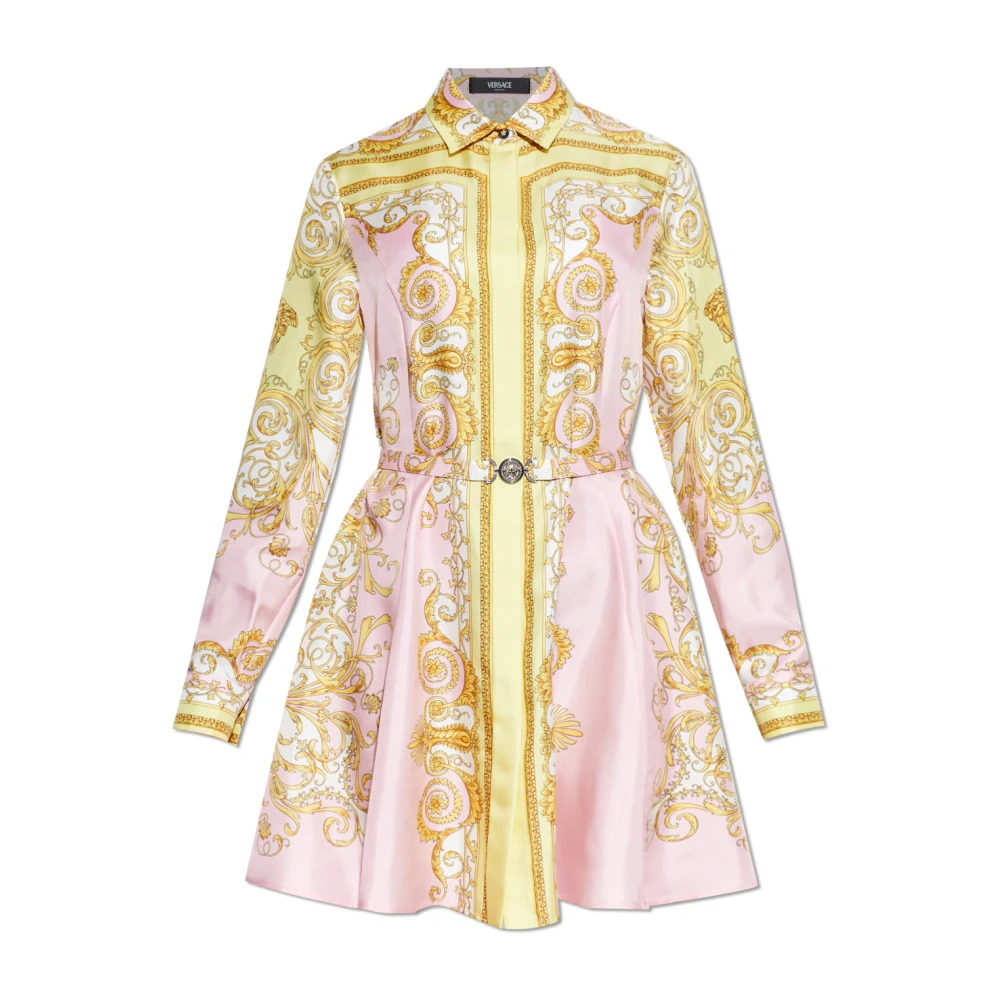 Versace Women's Multicolor Shirt Dresses, S, Printed Silk Twill Midi Shirt Dress