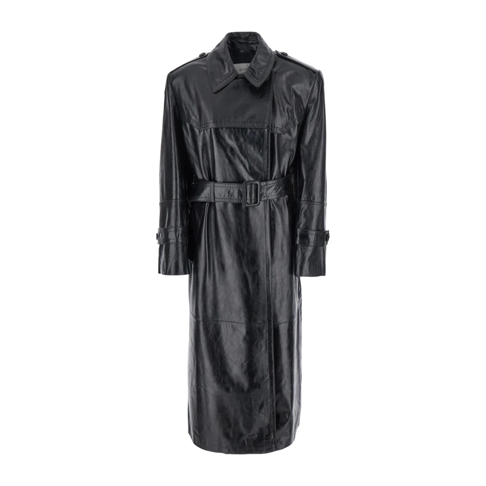 SPORTMAX Zwarte leren trenchcoat met taille riem Black Dames