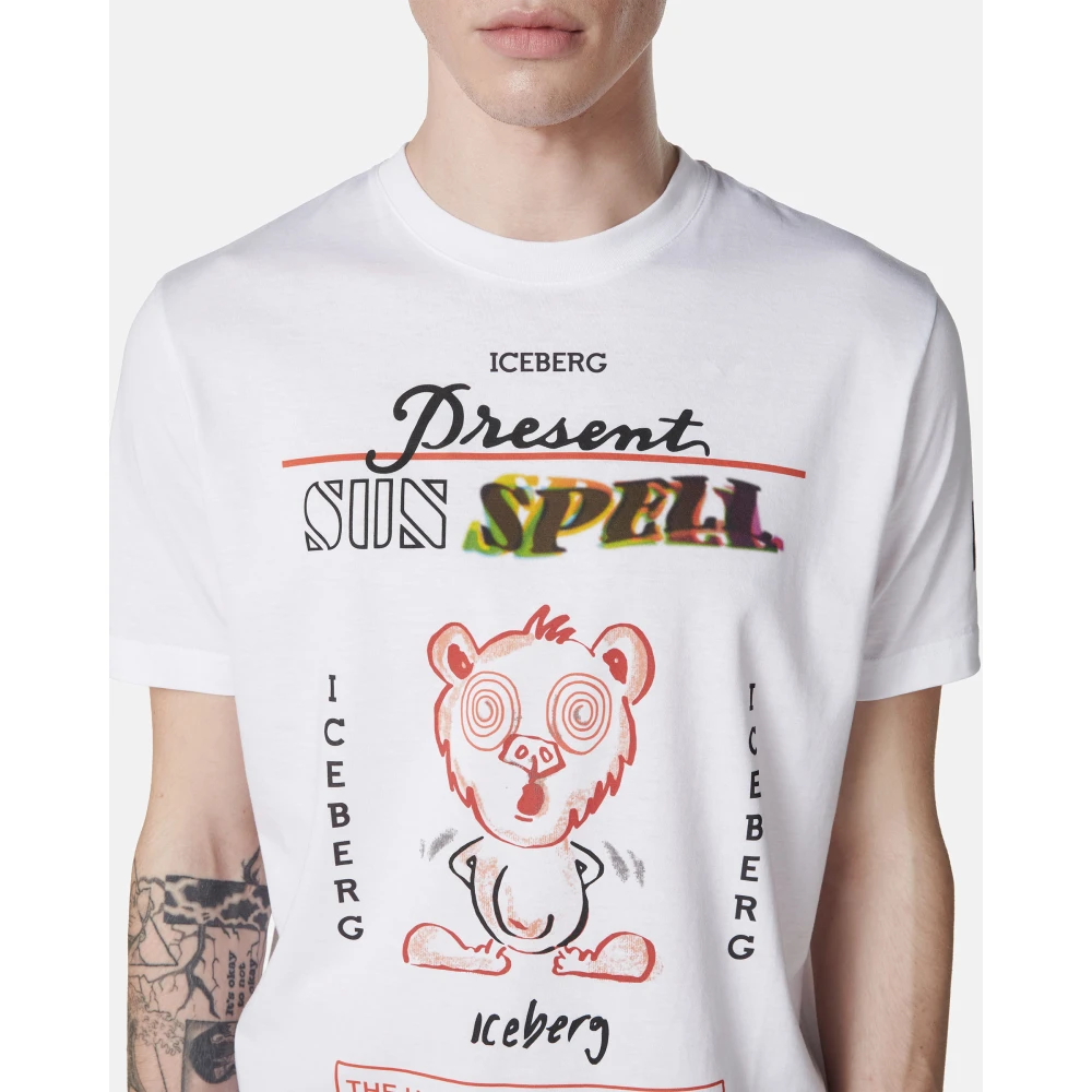 Iceberg Wit regular fit katoenen T-shirt met maxi multicolor Bear print White Heren
