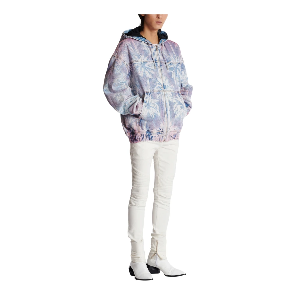 Balmain Denim Hooded Bomber Jacket met Palmboomprint Multicolor Heren