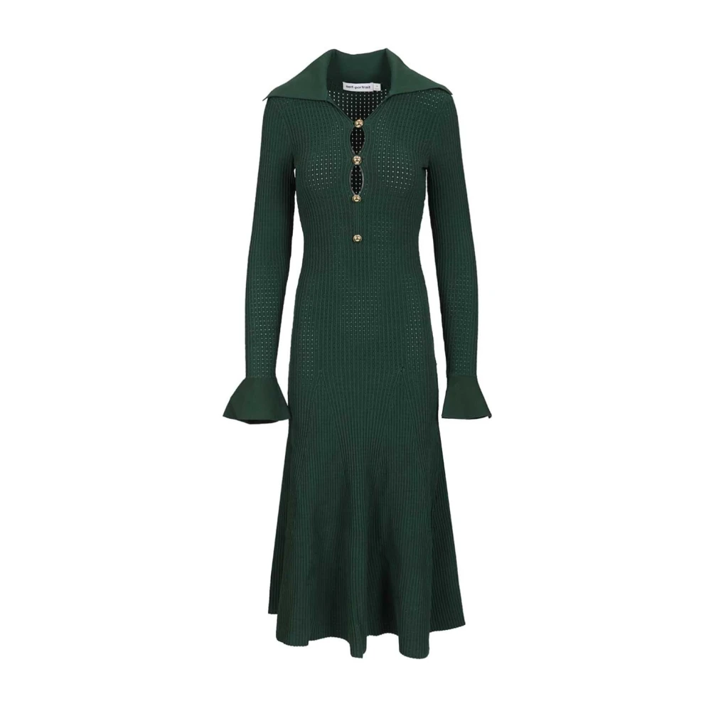 Self Portrait Women's Green Knitted Dresses, S, Keyhole Knit Midi Dress