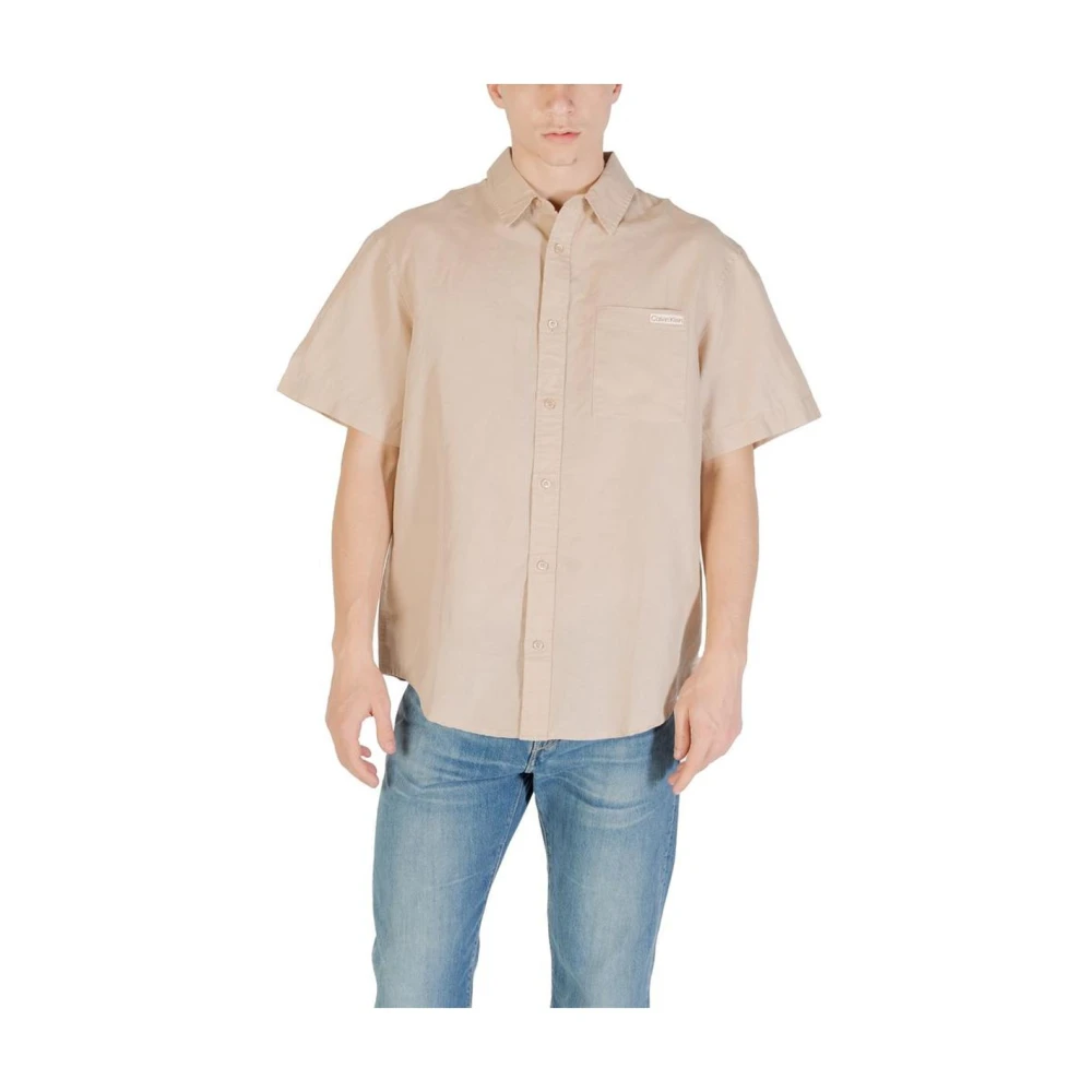Calvin Klein Jeans Men's Beige Linen Shortsleeve Top