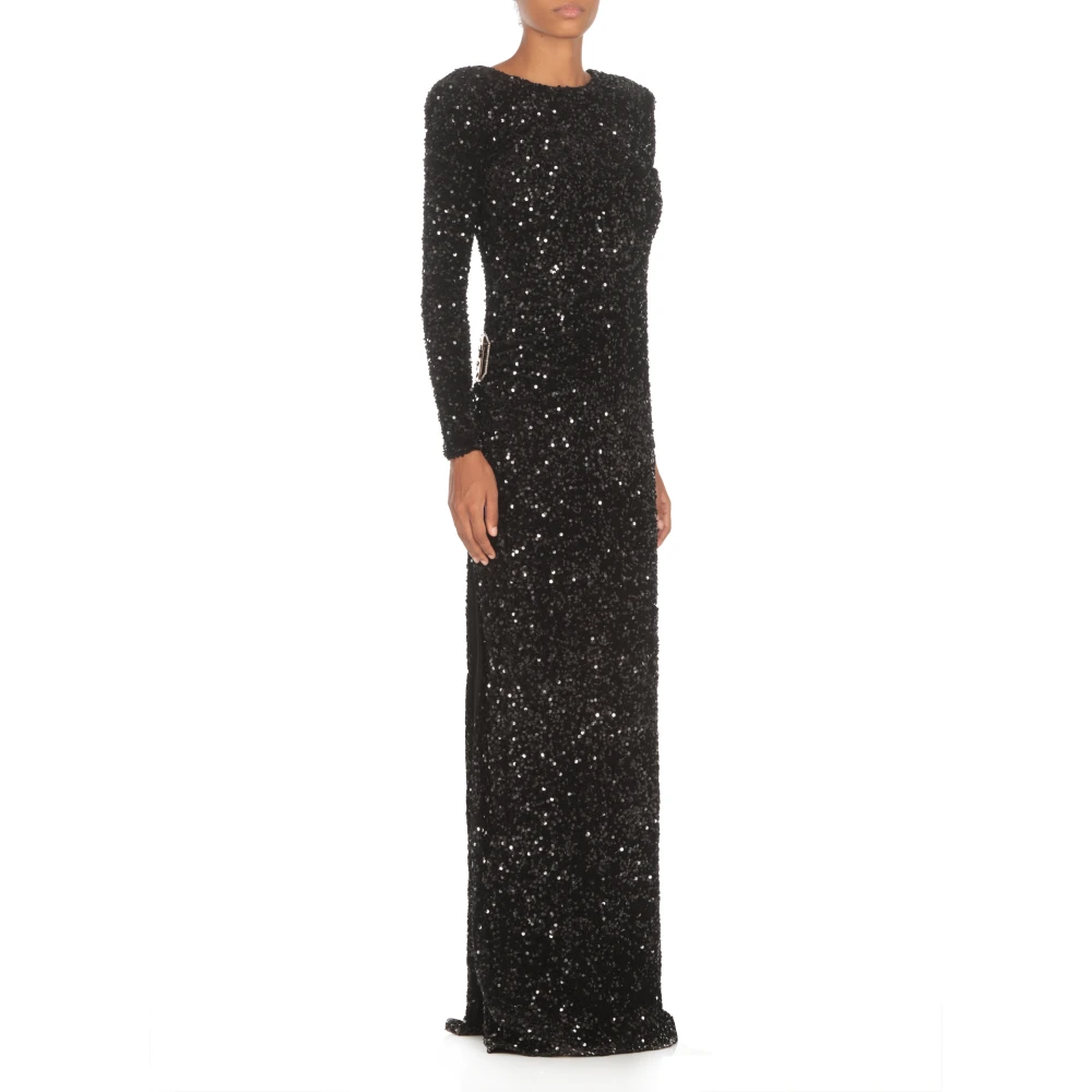 Elisabetta Franchi Zwarte Paillettenjurk Rechte Hals Lange Mouwen Black Dames
