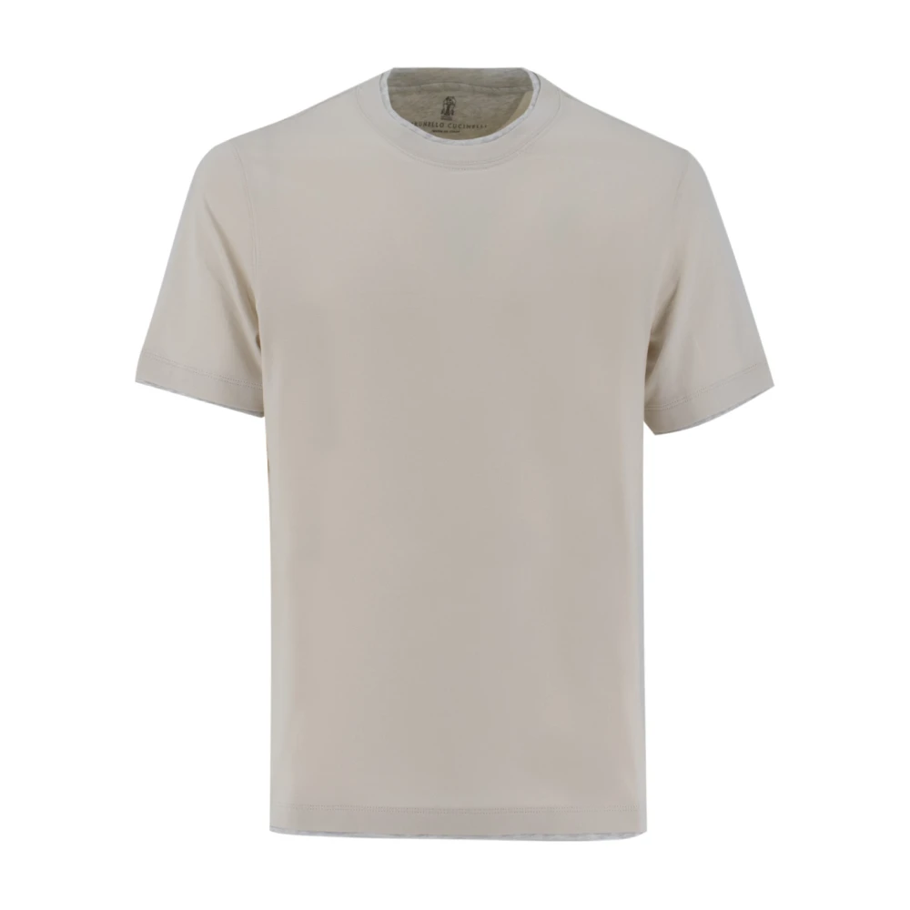 BRUNELLO CUCINELLI T-shirt met Contrasterende Inzet en Overlapeffect Beige Heren