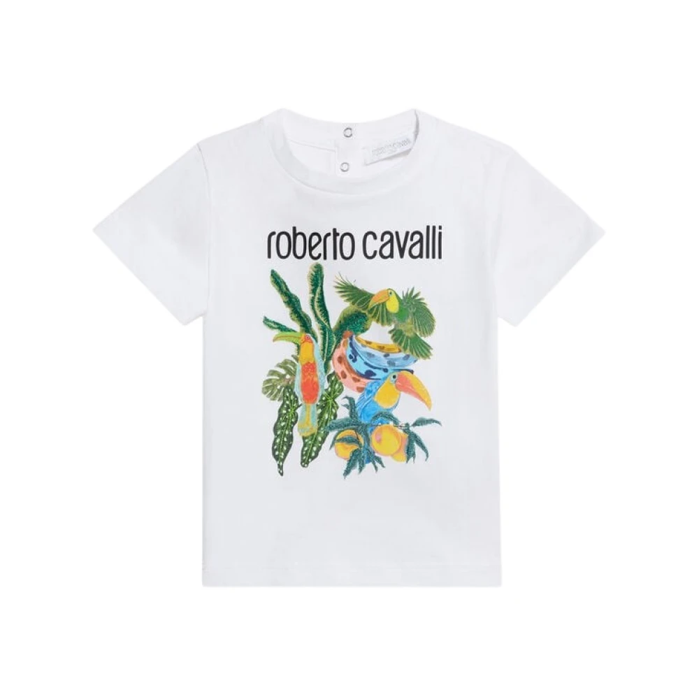 Roberto Cavalli White Kids Short Sleeve T-Shirts, Male, 3 Y, Tropical Print T-Shirt