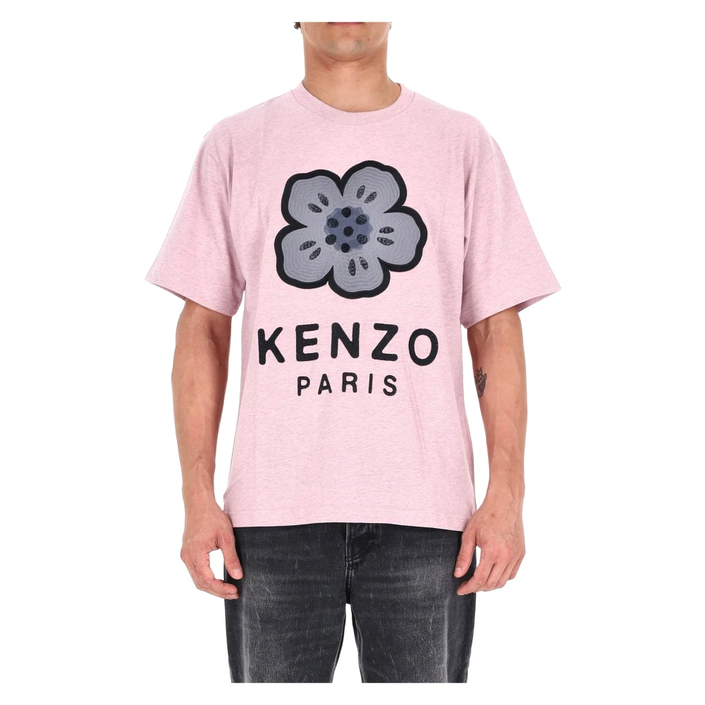 Kenzo Uomo Rosa T-Shirt Oversize In Cotone Con Ricamo Fiore Boke