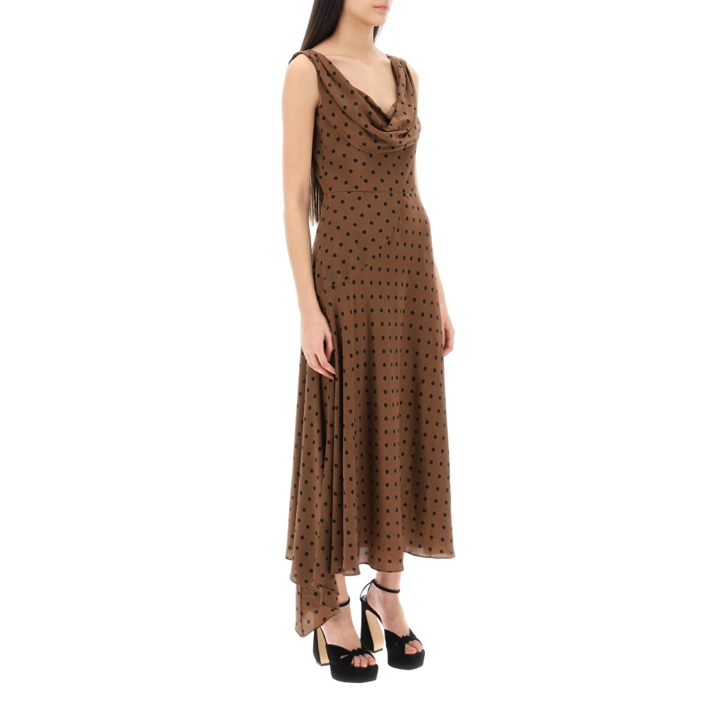 Alessandra Rich Polka Dot Zijden Midi Jurk Brown Dames