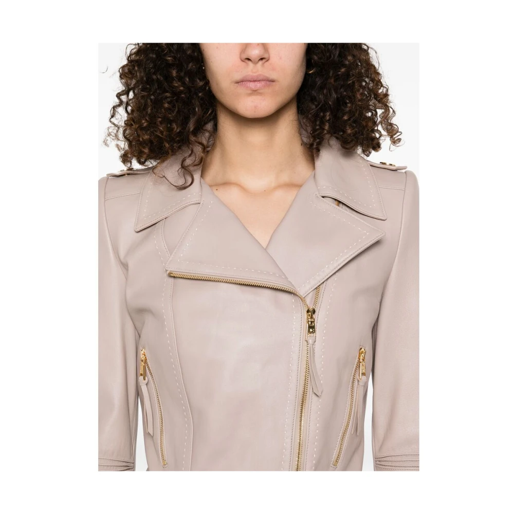 Elisabetta Franchi Beige Leren Buitenkleding met Ritssluiting Beige Dames