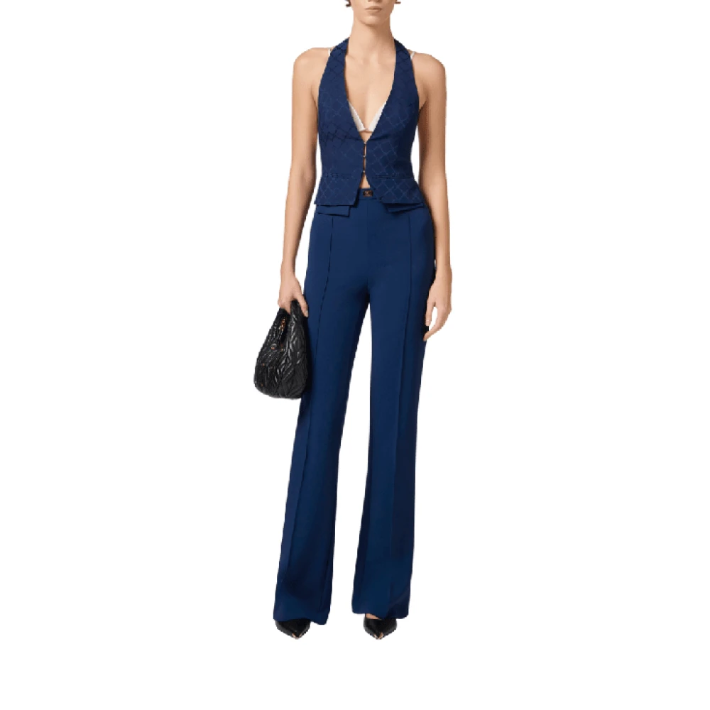Elisabetta Franchi Crepe Logo Plaque Broek Blue Dames