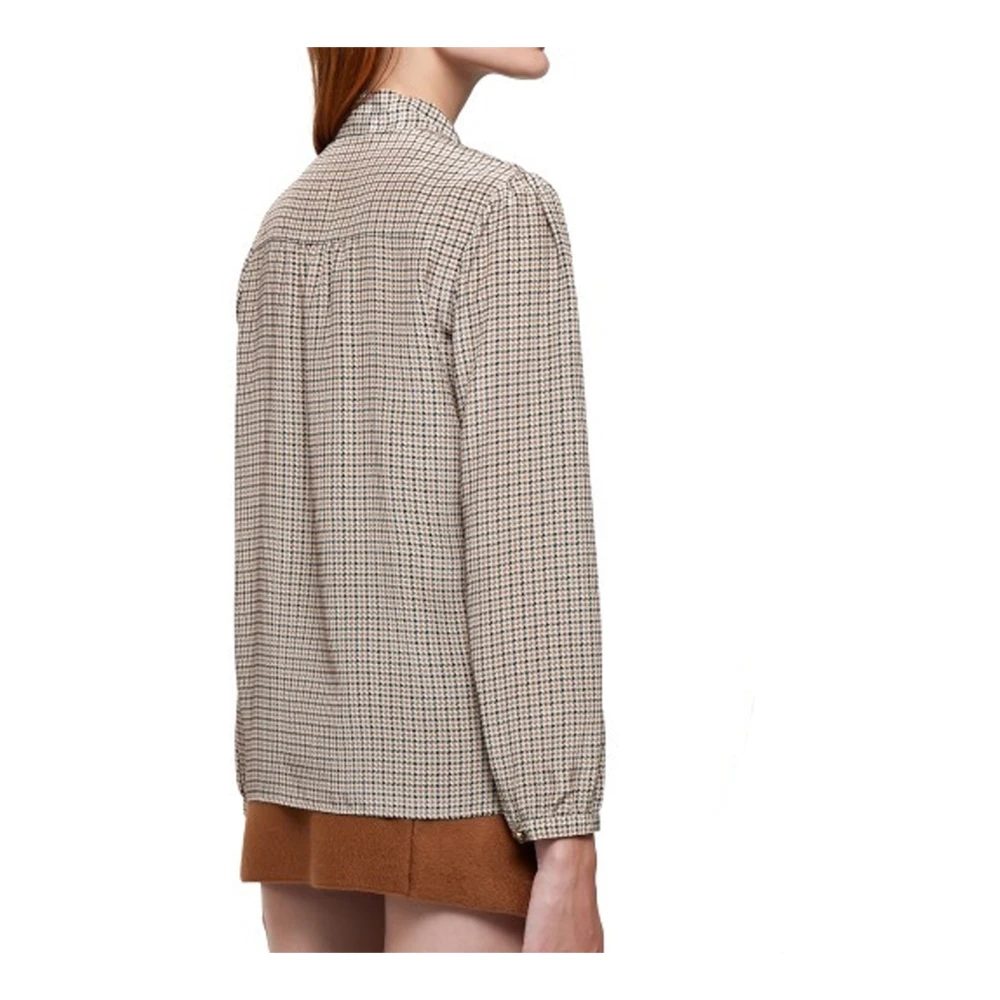 Prada Zijden Pied De Poule Overhemd met Strik Kraag Brown Dames