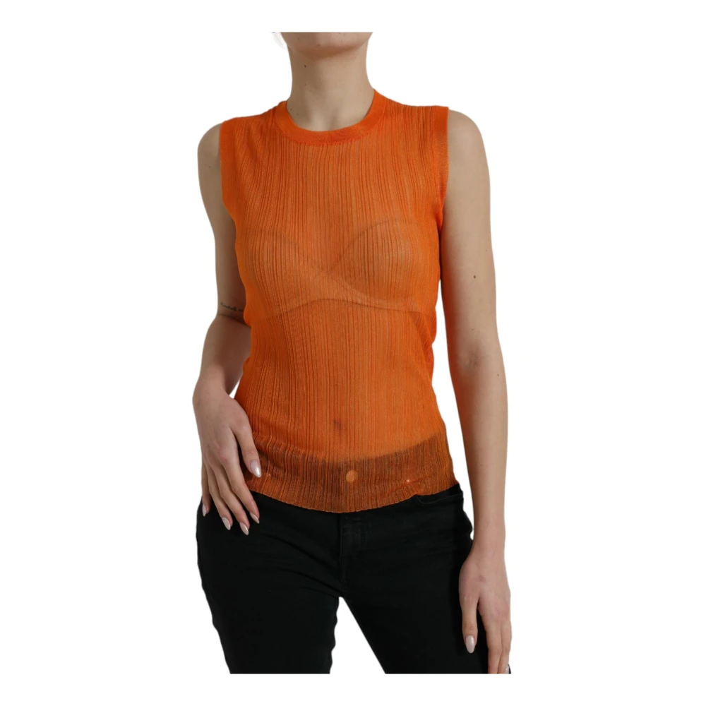 Dolce & Gabbana Women's Orange Sleeveless Tops, L, See-Through Crew Neck Tank Top
