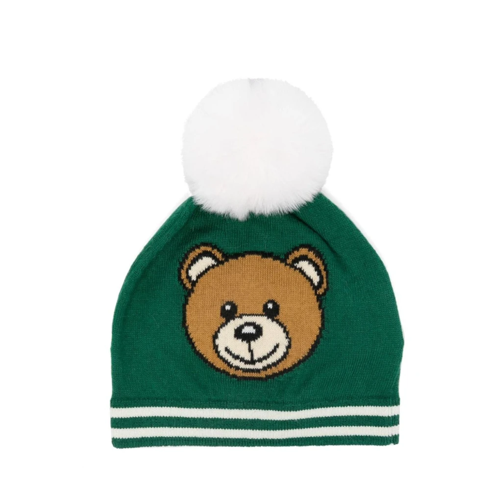 Moschino Pom Pom Stickad Mössa med Teddy Logo Green, Unisex