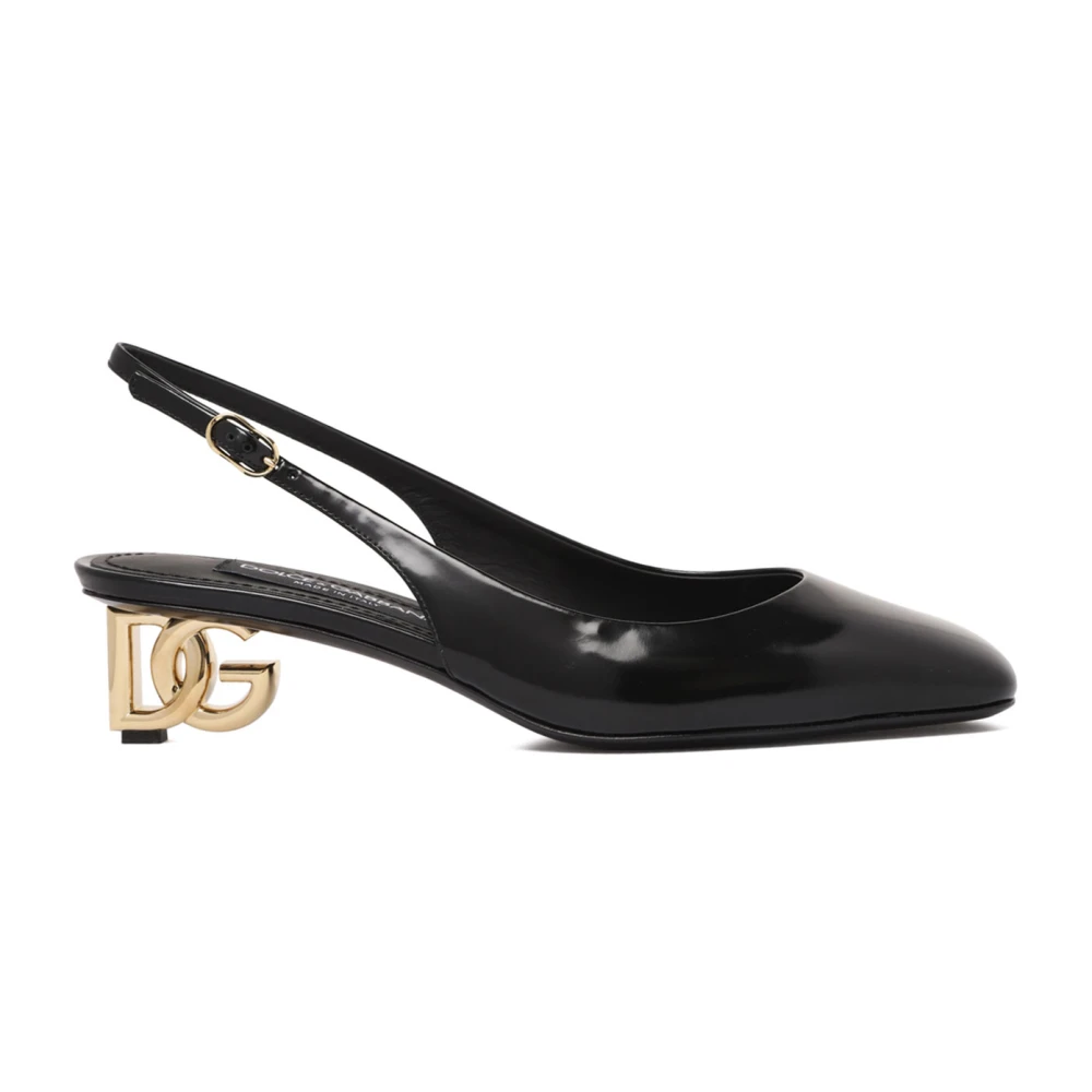 Dolce & Gabbana Vrouw Zwart Schoenen Dames, 37 Eu, Leer, Logo-Hak Lakleren Slingback Pomp