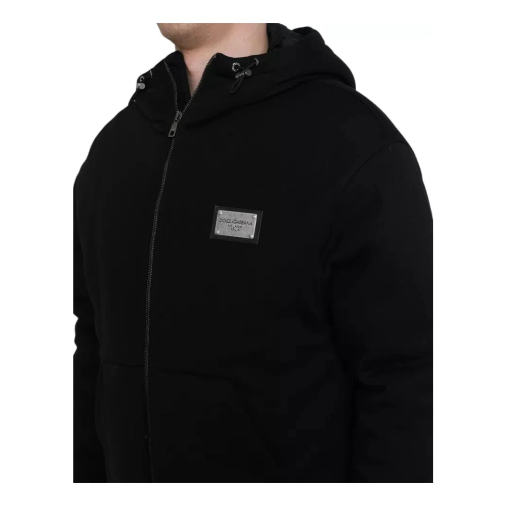 Dolce & Gabbana Logo Hooded Bomber Jacket Cotton Nylon Black Heren