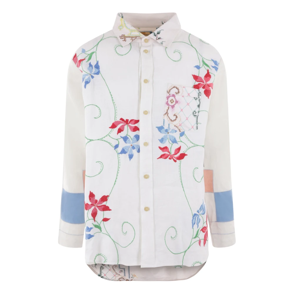 By Walid Bloemen Geborduurd Beige Linnen Overhemd Multicolor Heren