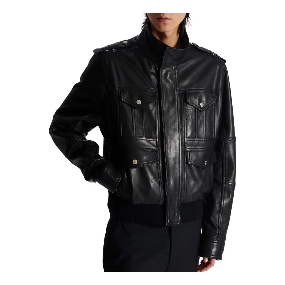 Balmain Lamsleren jas met 4 zakken Black Heren