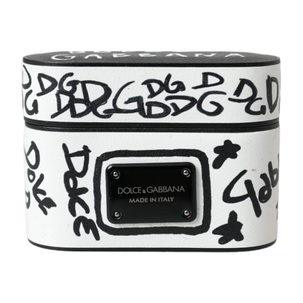 Dolce & Gabbana Präglad läder Airpods-fodral med Scribble Logo Black, Dam