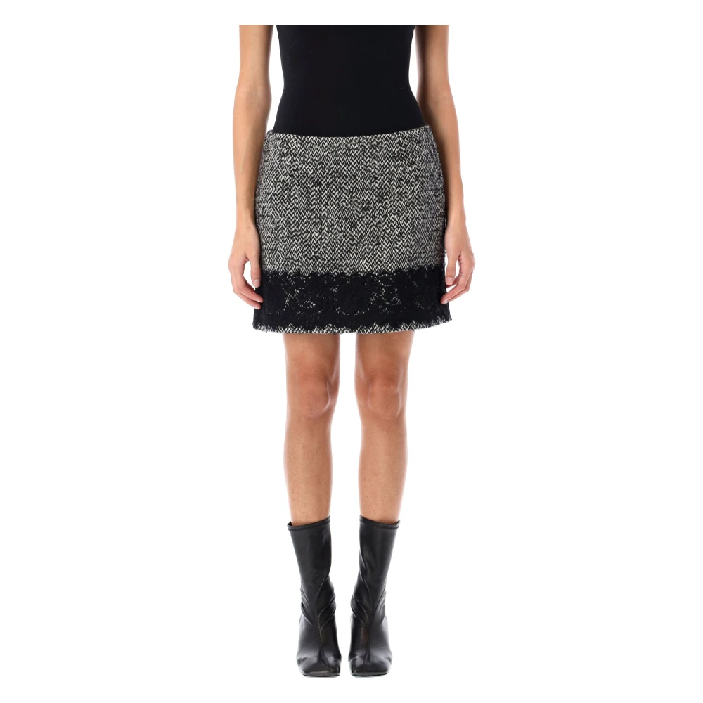 Dolce & Gabbana Zwart Melange Micro-Tweed Rok met Kantinzet Black Dames