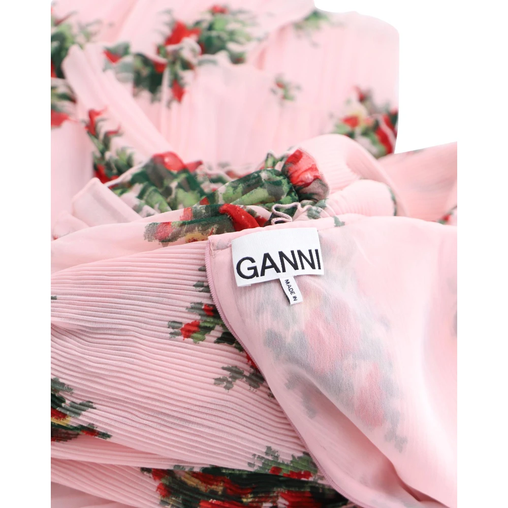 Ganni Bloemen Geplooide Mini Jurk Pink Dames