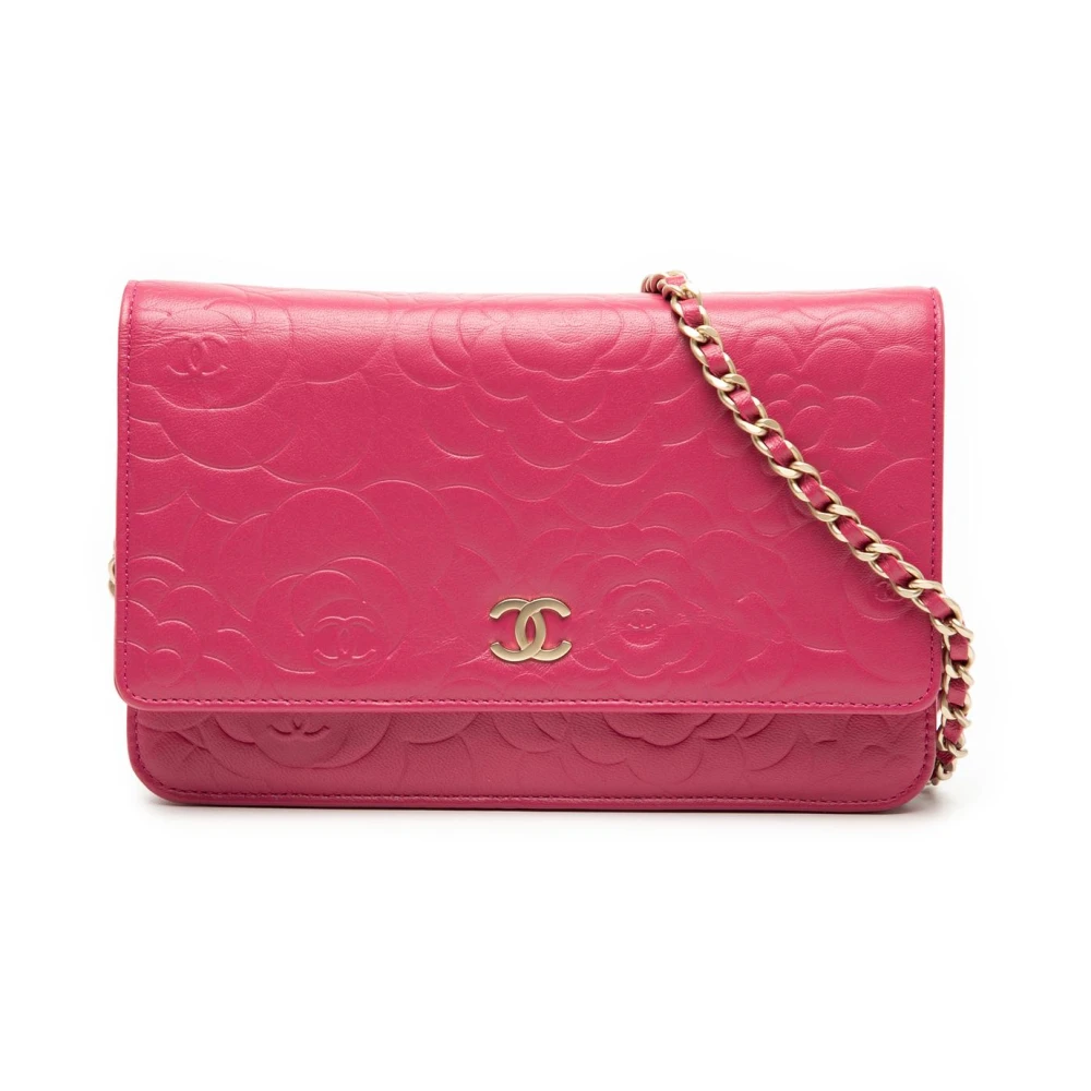 Chanel Vintage Women's Pink Pre-Owned Camellia Embossed Leather Wallet On Chain