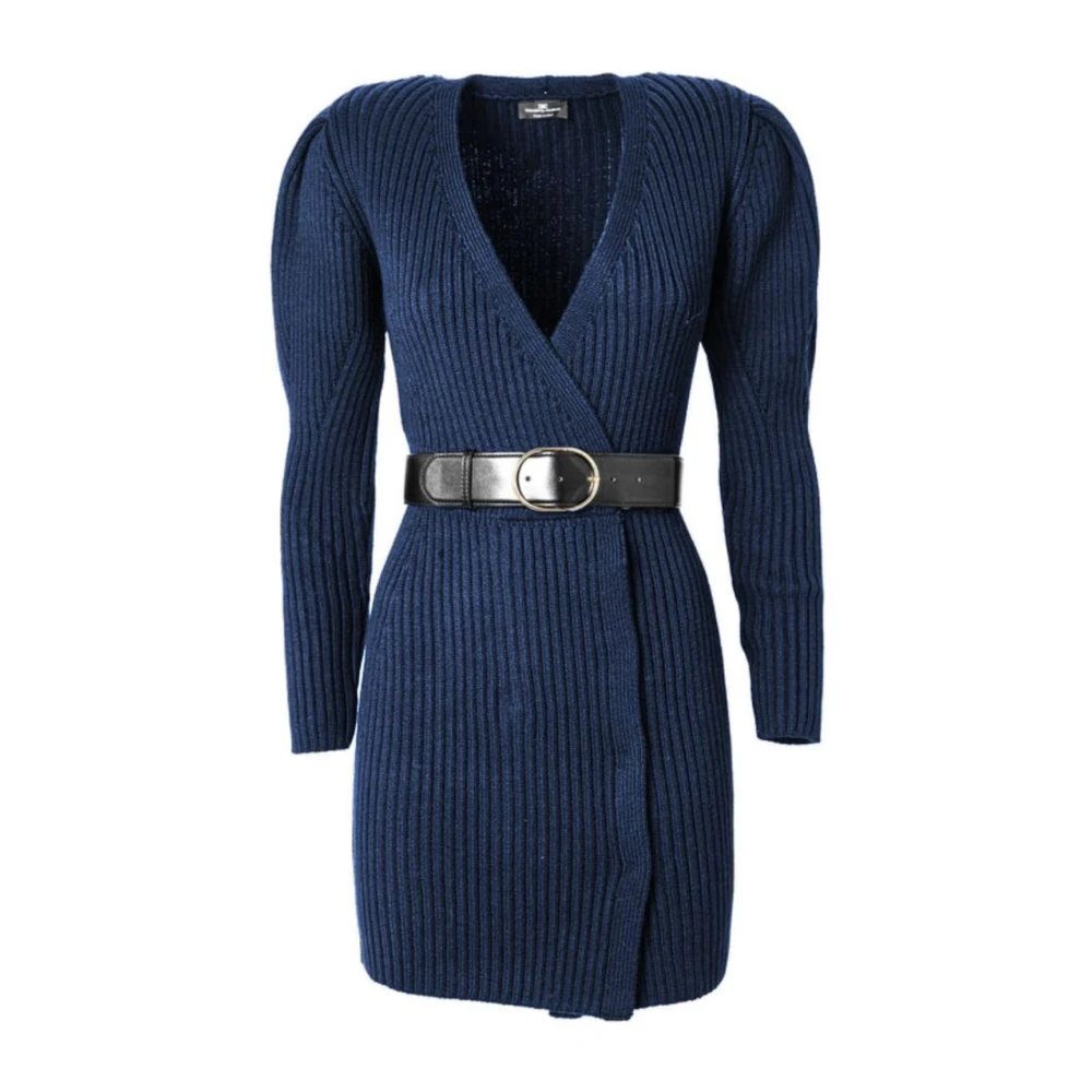 Elisabetta Franchi Blauwe Wollen Gebreide Jurk met Riem Blue Dames