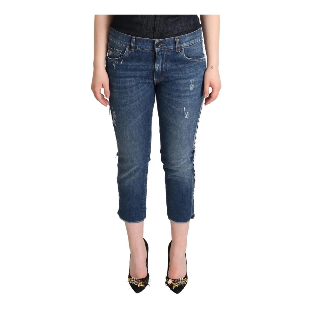 Dolce & Gabbana Blåtvättad Mid Waist Denim Logo Cropped Jeans Blue, Dam