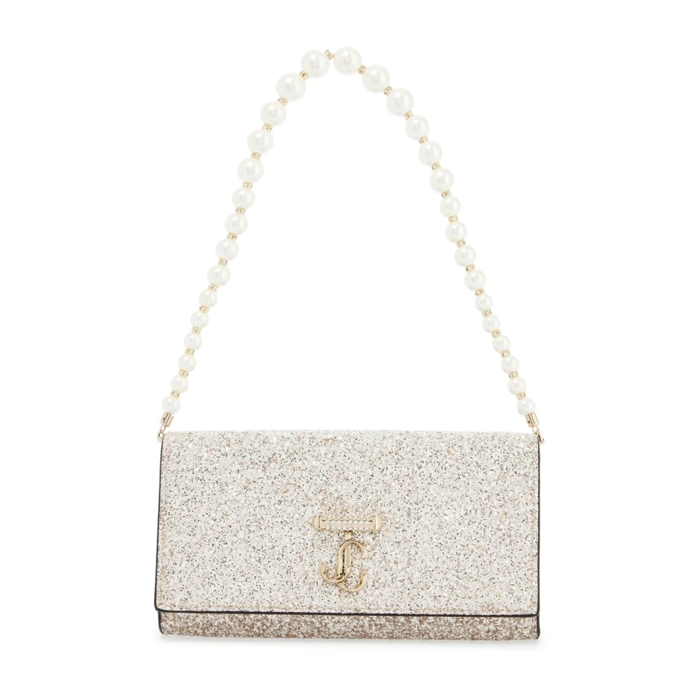 Jimmy Choo Glitter Zand Ketting Portemonnee met Witte Parels Beige Dames