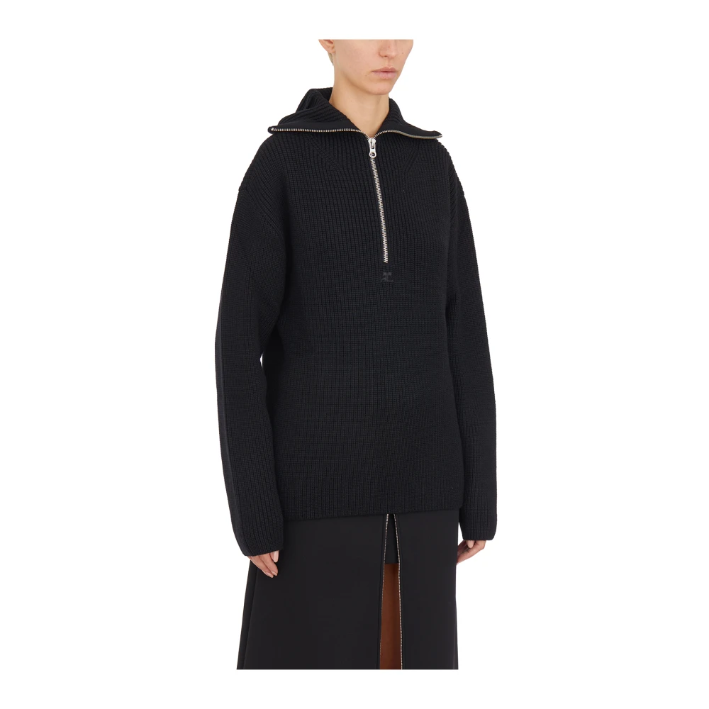 Courrèges Wollen Ribgebreide Hoodie Black Dames