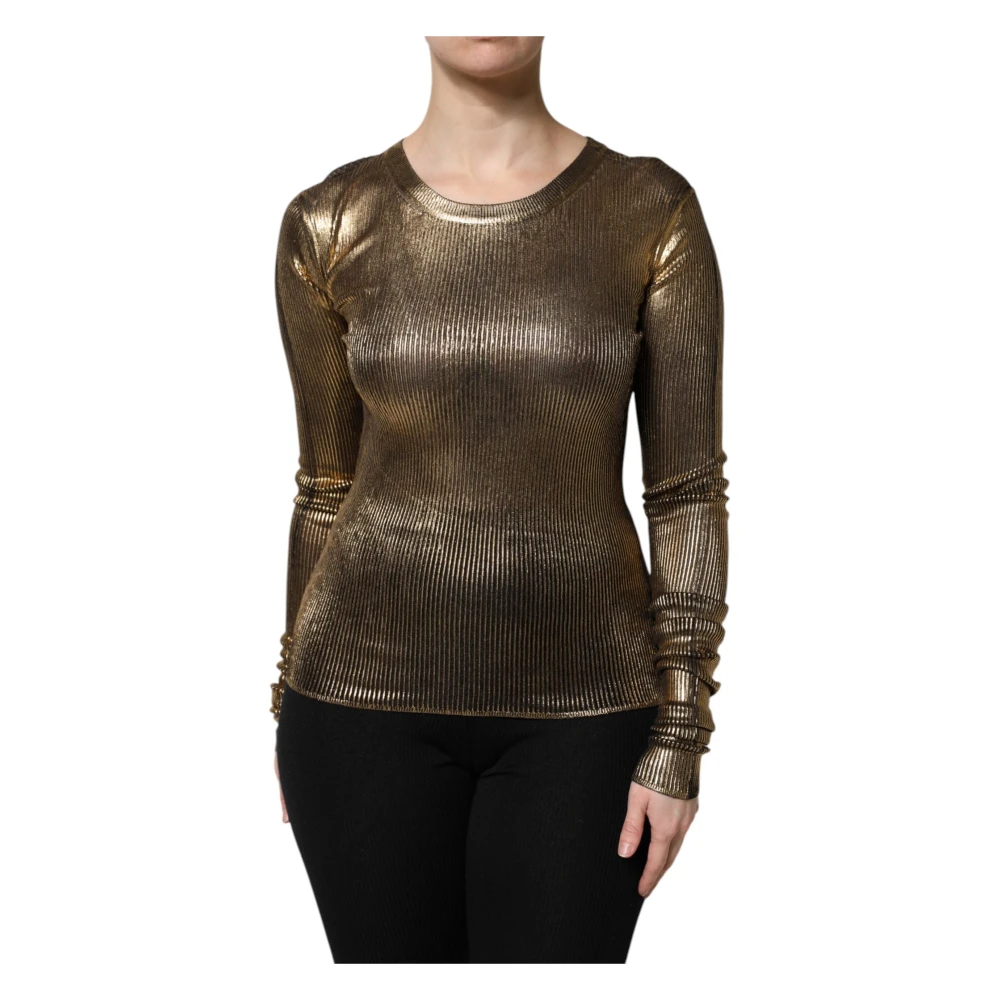 Dolce & Gabbana Vrouw Geel Tops Dames, S, Gouden Ronde Hals Pullover Top