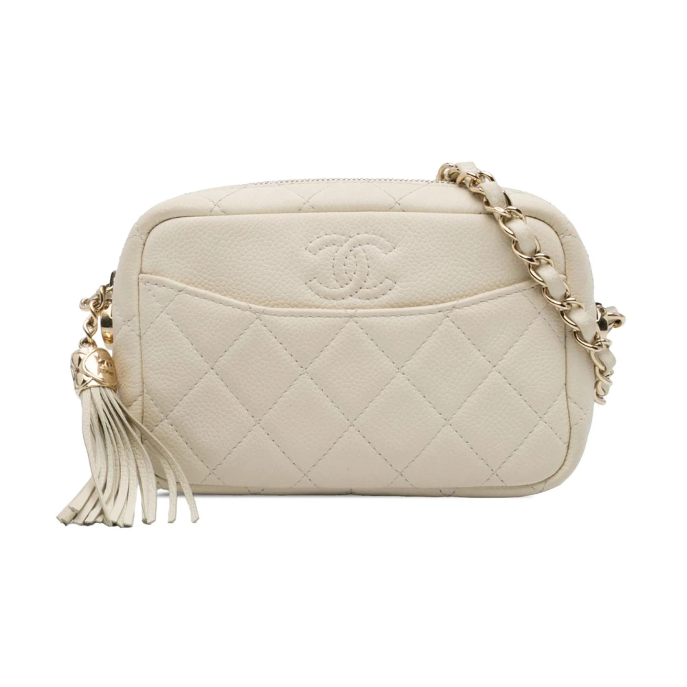 Chanel Vintage Women's White Pre-Owned Small Cc Flat Quilted Caviar Camera Bag