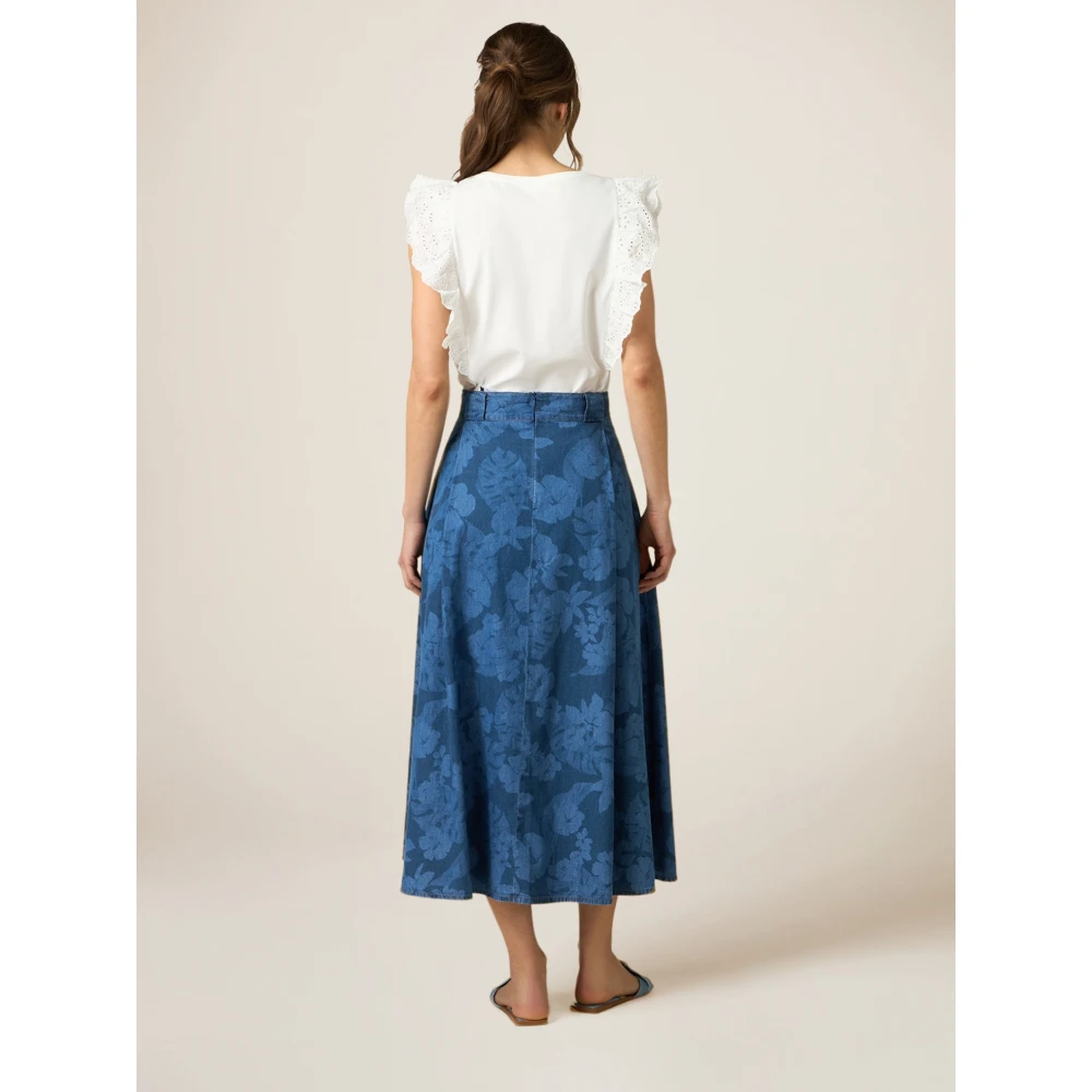 Oltre Bloemen Denim Midi Rok Blue Dames