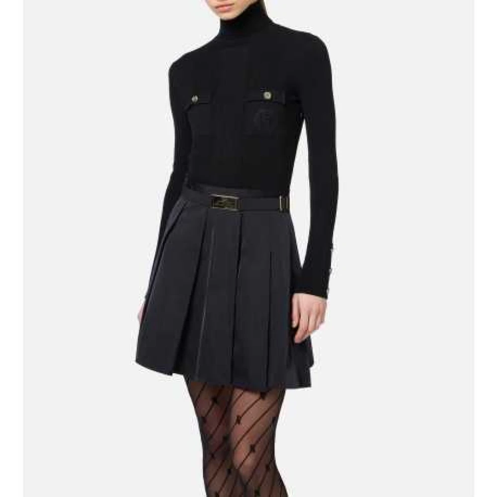 Elisabetta Franchi Zwarte Geribbelde Coltrui Gebreide Jurk Black Dames