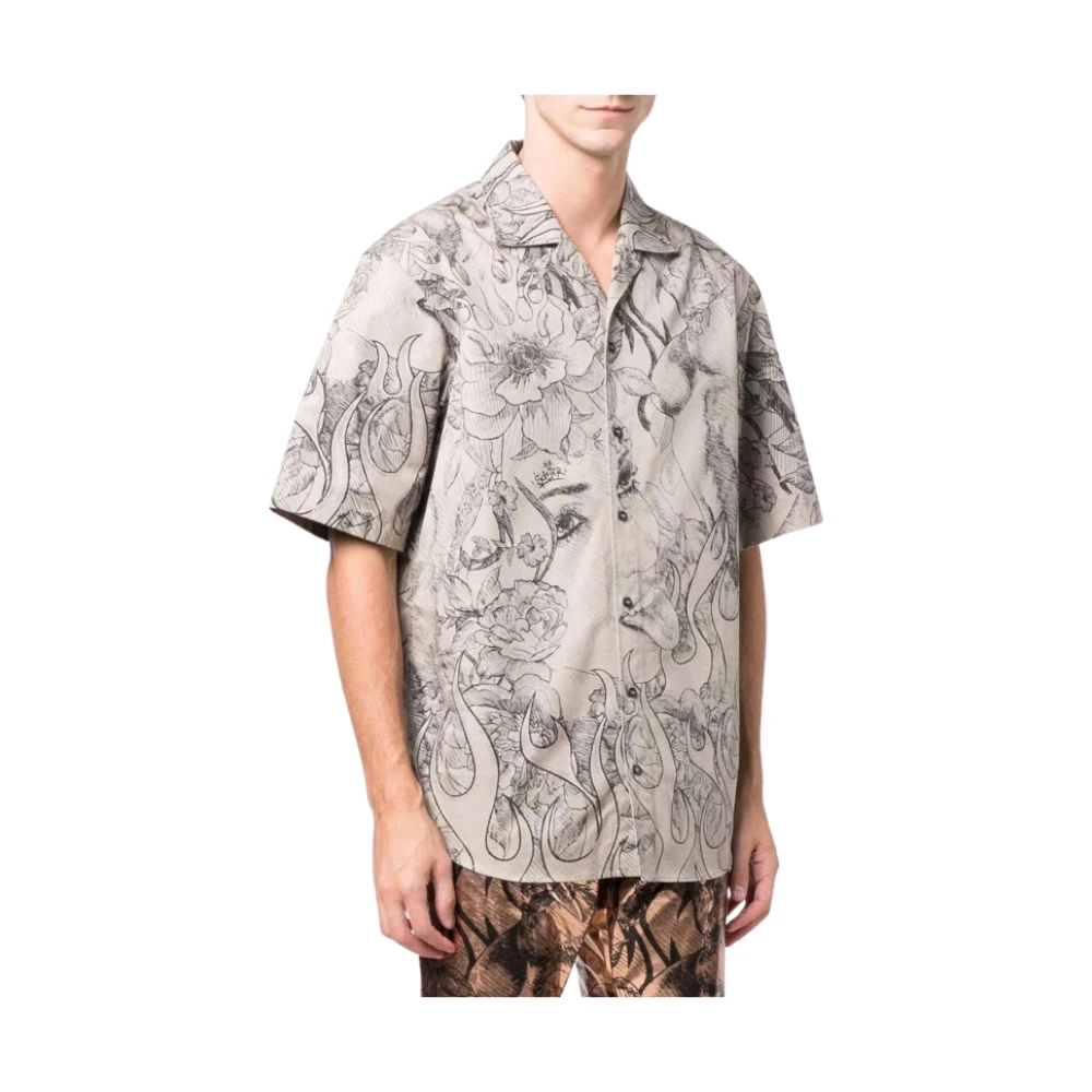 Dsquared2 Katoenen overhemd met korte mouwen en zwarte bloemenprint Beige Heren