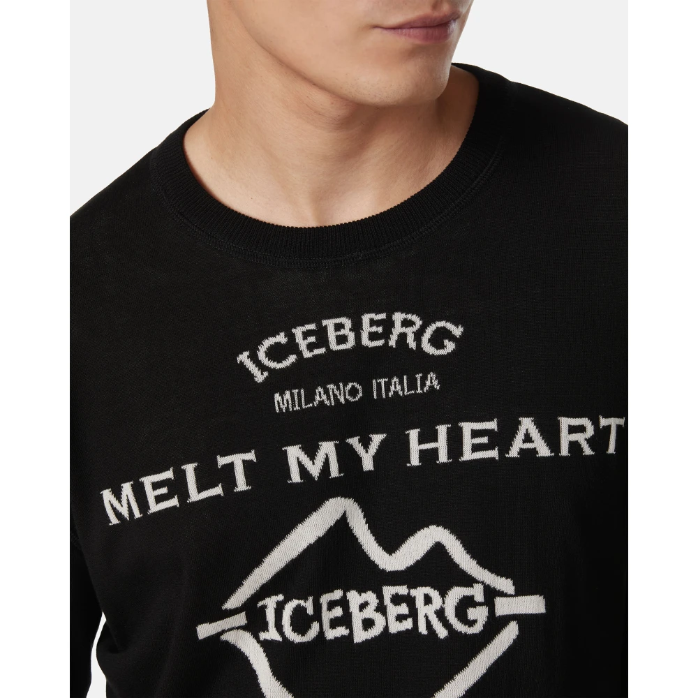 Iceberg Zwarte crewneck sweater van dubbel jacquard katoen met graphics Black Heren