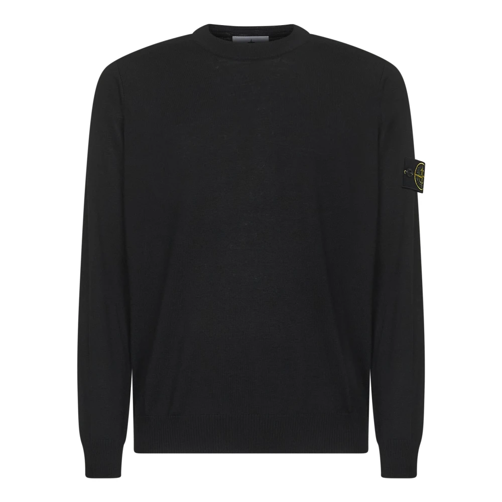 Stone Island Black Round-Neck Knitwear, Male, Xl, Wool Jumper With Badge
