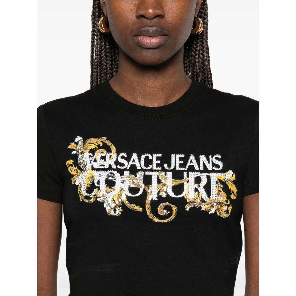 Versace Jeans Couture Zwarte T-shirt Polo met Kristallen Versiering Black Dames